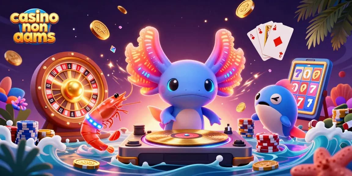 Esplora i casinò non AAMS con un DJ axolotl colorato, gioielli scintillanti e gettoni in un'atmosfera festosa.