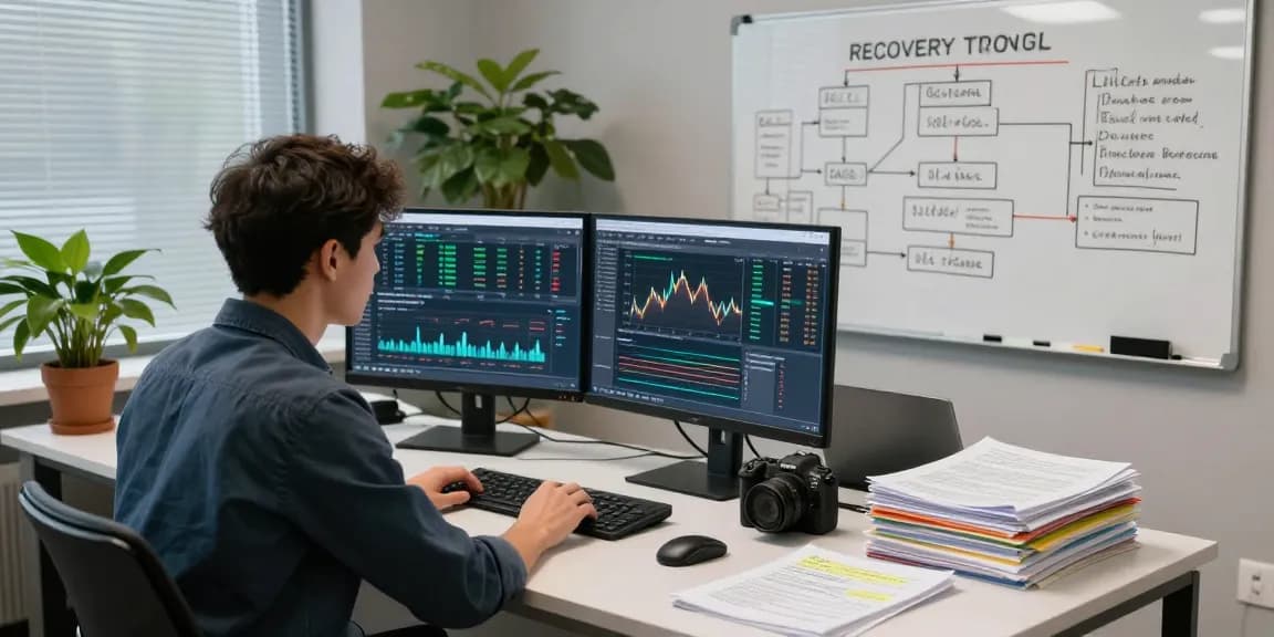Forensic accountant analyzing data to recover stolen cryptocurrency in a modern office setting.