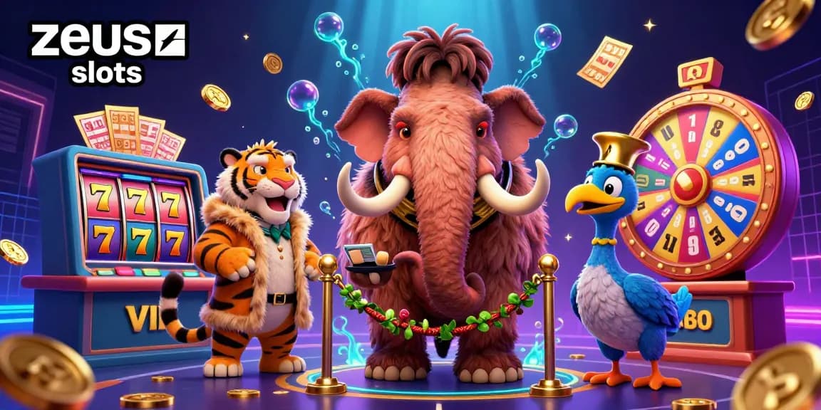 Experience thrilling wins at zeus slots with a vibrant 3D casino bouncer and animated gaming elements.