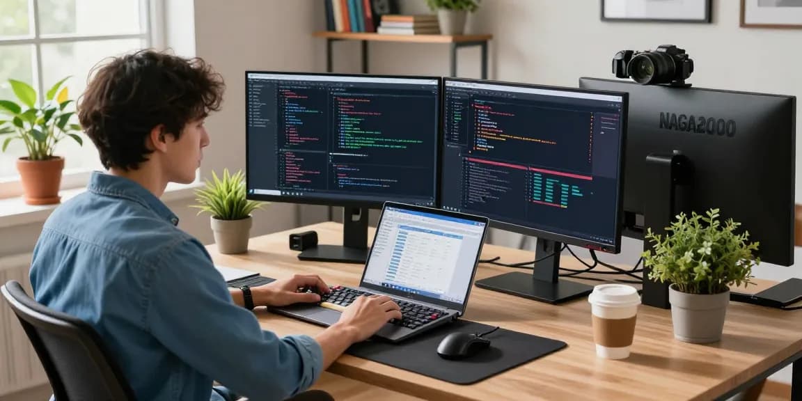 Developer coding NAGA2000 application in a modern office with tech gadgets.