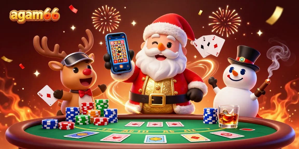 Experience the excitement of gambling with AGAM66 as Santa holds a jackpot slot phone surrounded by festive characters.