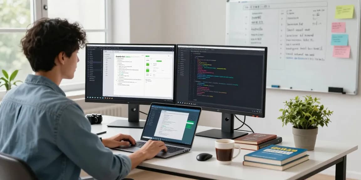 Build Android apps from scratch in a modern tech workspace with a developer at dual monitors and Android Studio.