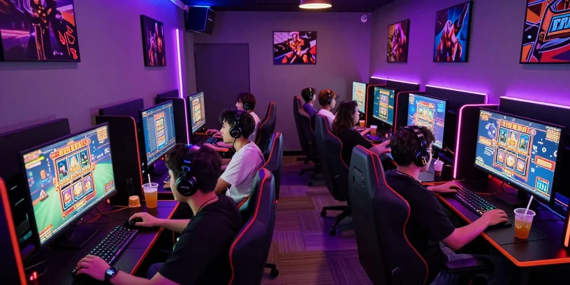 Players enjoying situs depo 5rb slot games in a lively gaming lounge with vibrant LED lights.