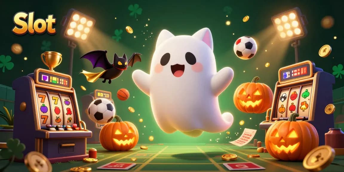 Spin the Slot reels with a ghost cat in a haunted casino, surrounded by jackpot symbols and gold coins.