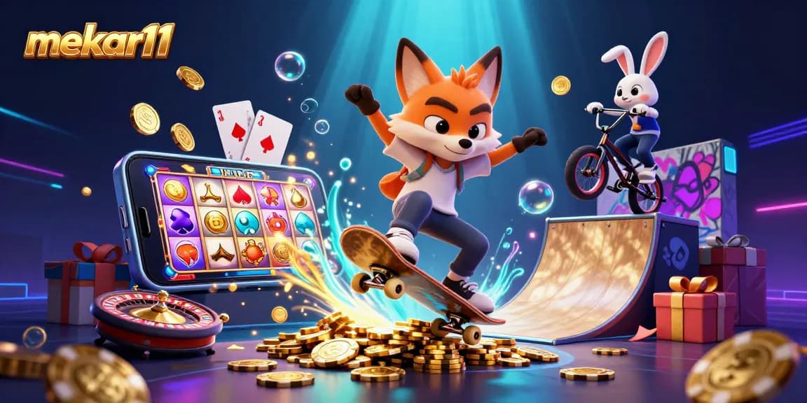 Mekar11 showcases a thrilling gaming scene with cartoon characters engaging in dynamic casino action.