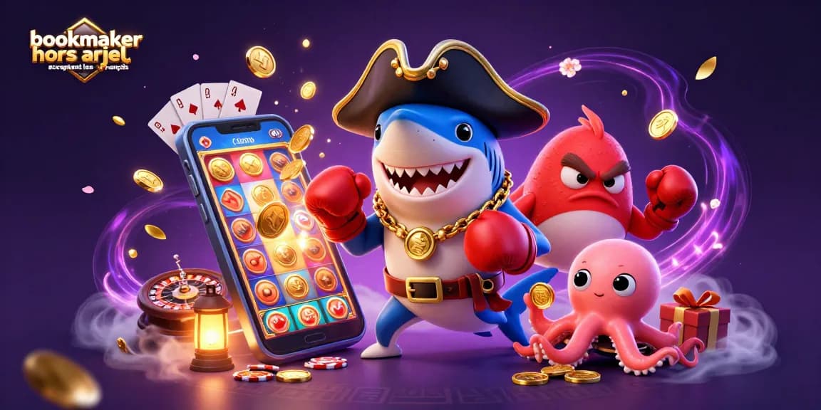 Image illustrant un bookmaker hors ARJEL acceptant les Français, avec des personnages ludiques et des éléments de jeu attrayants.