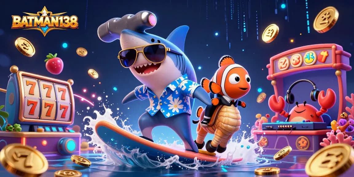 BATMAN138 mempromosikan keseruan bermain slot dengan simbol beruntung dan elemen laut yang interaktif.