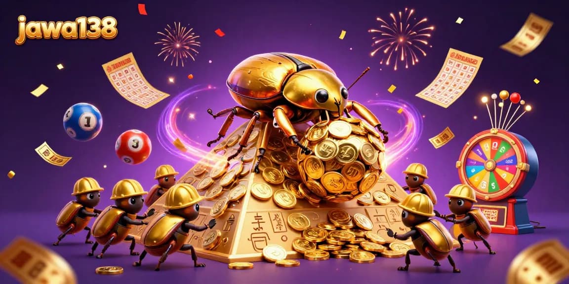 Experience the thrill of jawa138 with lottery balls and golden coins in this vibrant casino scene.