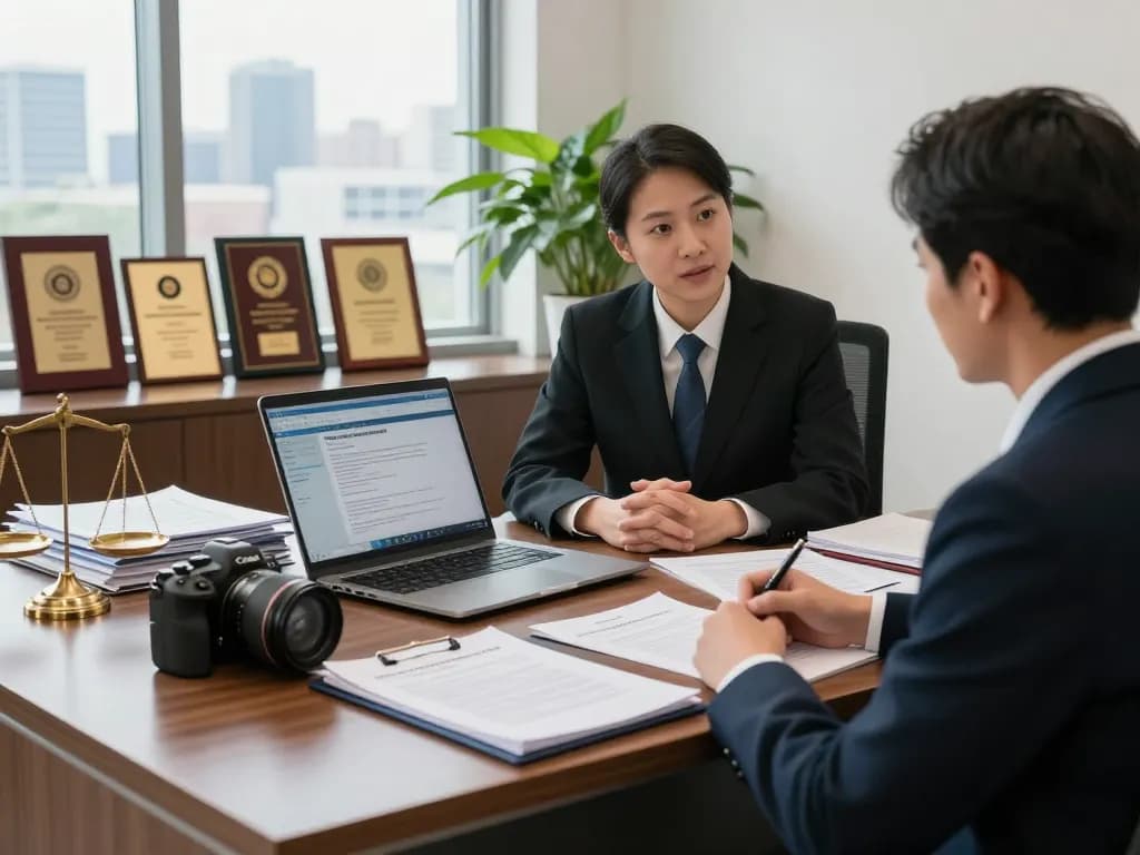 Engaged lawyer advising client in a professional setting about USA lawyers.