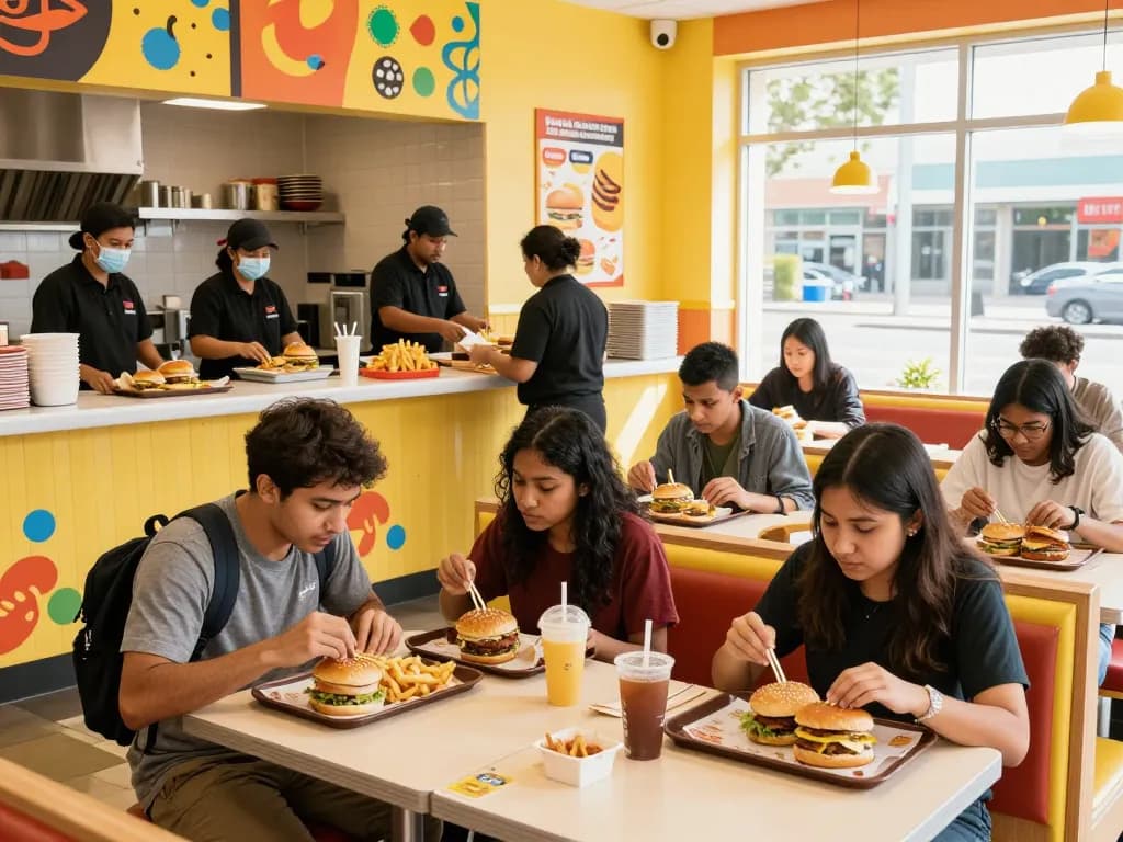 Delicious fast food menu featuring customers enjoying meals and staff preparing dishes in a vibrant restaurant.