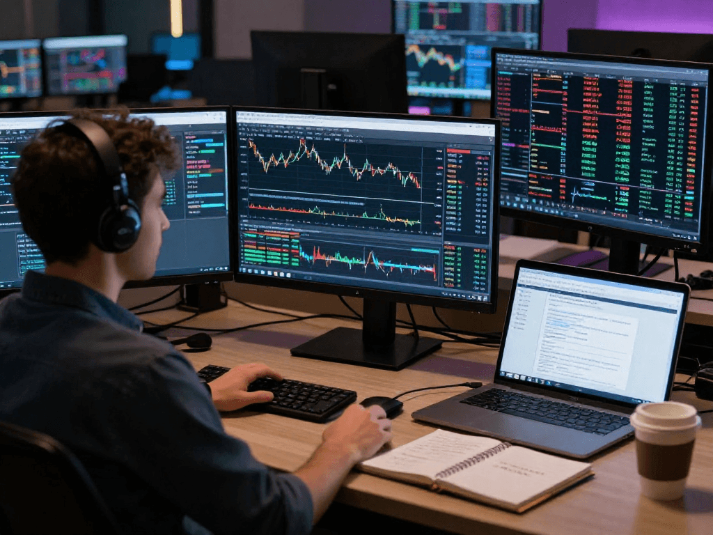 在多元化金融平台中交易的场景，展示了使用MetaTrader 5进行高效交易的专业交易者。