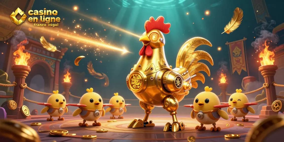 Illustration captivante d'un robot coq doré et drones créant des motifs dorés, une référence au casino en ligne légal en France.