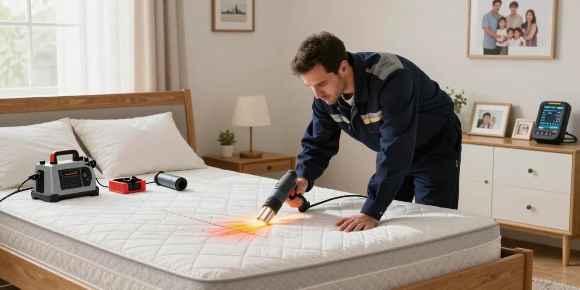 Bed bug heat treatment in a residential bedroom by a professional exterminator, ensuring effective pest control.