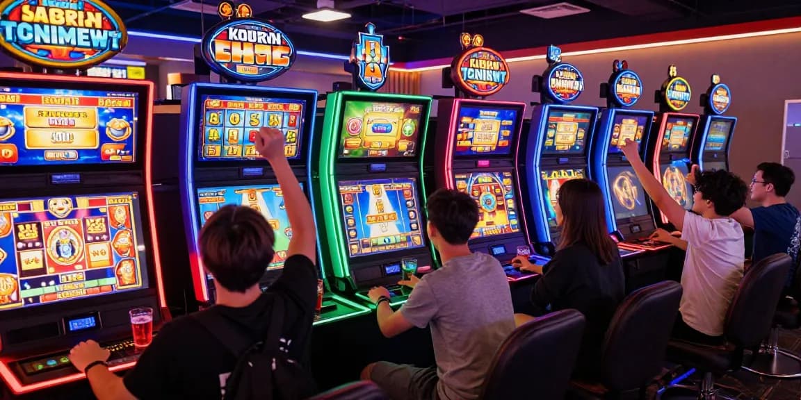 Slot gaming enthusiasts celebrating wins in a lively online casino atmosphere filled with colorful graphics and engaging slot machines.