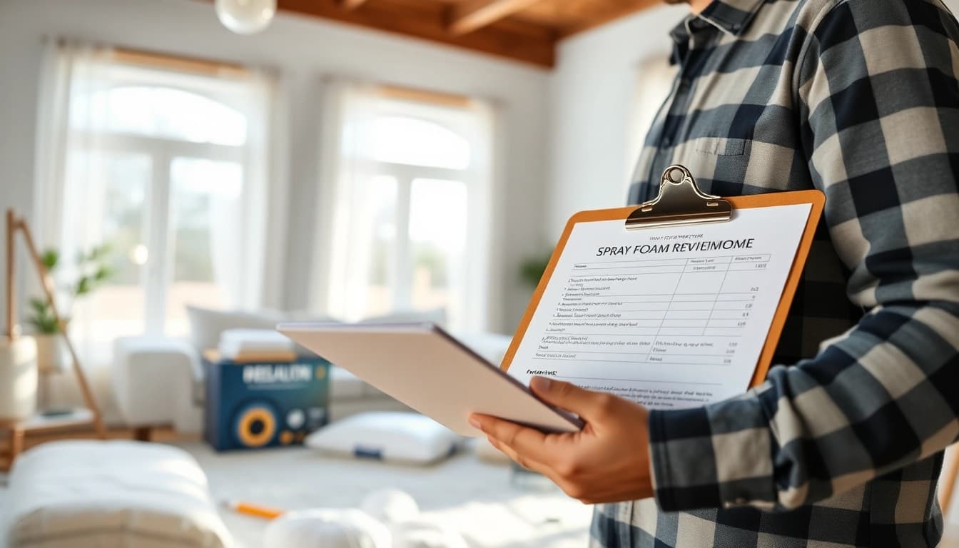 Evaluate a spray foam removal estimate with a contractor in a well-lit living room, showcasing precise assessment.