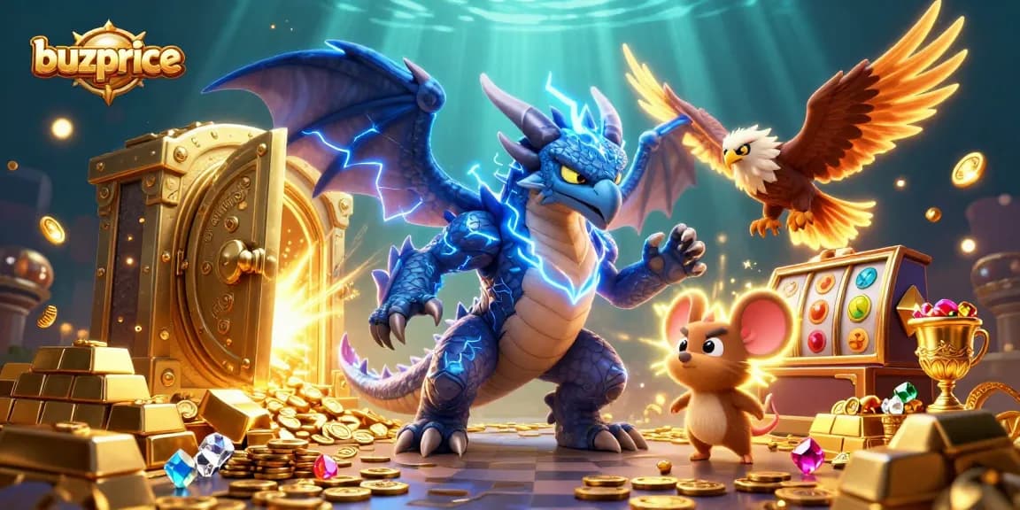 buzprice players spin slots in an electrifying scene of adventure with treasures and dynamic characters.