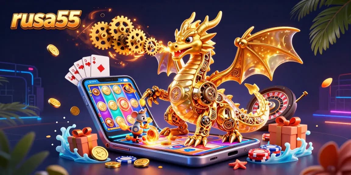 Experience the thrill of hitting a jackpot at rusa55 with a golden dragon and slot games in an immersive digital illustration.