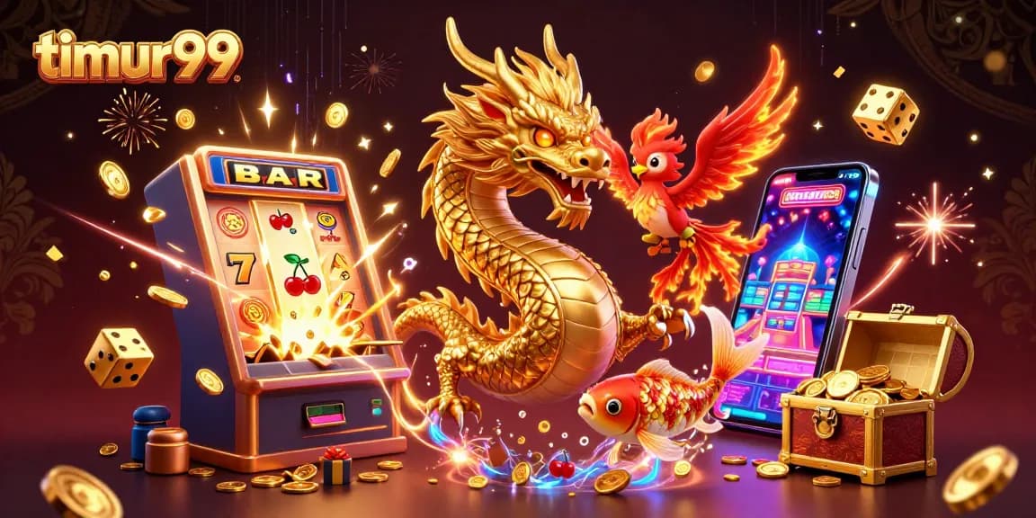 Engage with timur99 through vibrant 3D casino adventures featuring a dragon, phoenix, and koi amidst jackpot excitement.