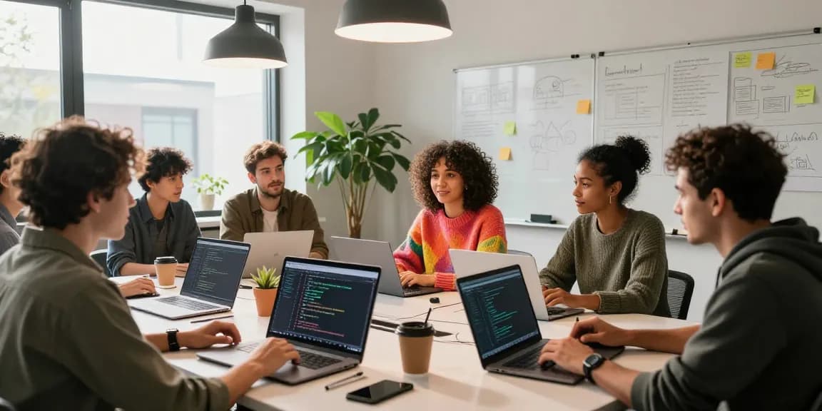 Team of developers collaborating on Open Claw skills in a modern workspace, showcasing innovation and community.