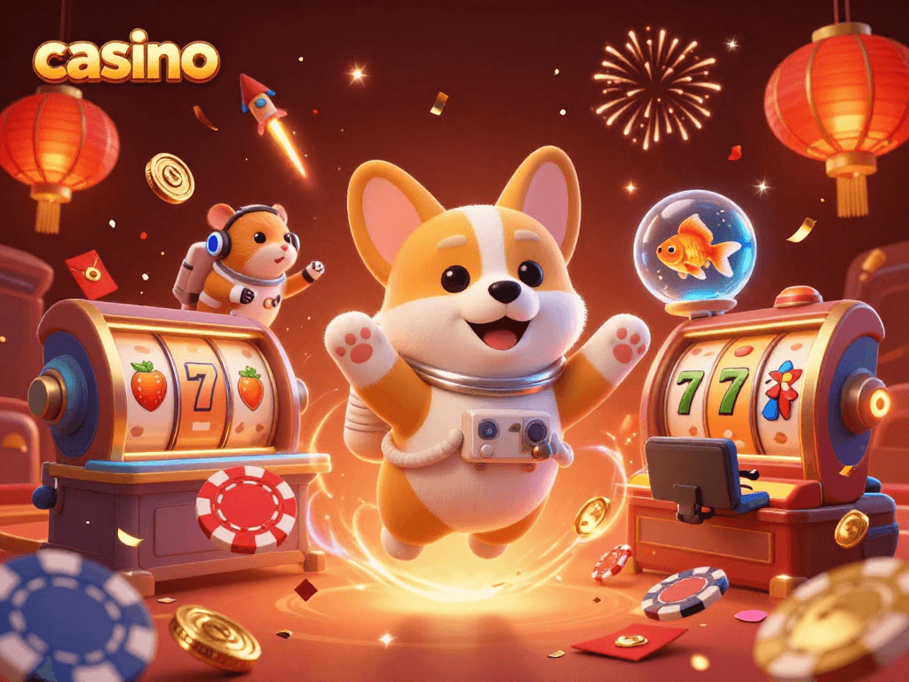 Engaging casino scene featuring a corgi astronaut, hamster, and goldfish amidst slot reels and festive decor.