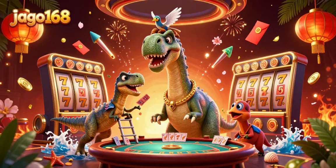 Experience the excitement of jago168 as a giant brontosaurus oversees the vibrant casino action with lively slot elements.