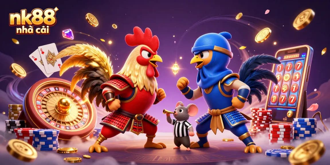 Betting showdown with nk88 nhà cái fighting roosters and vibrant casino elements.