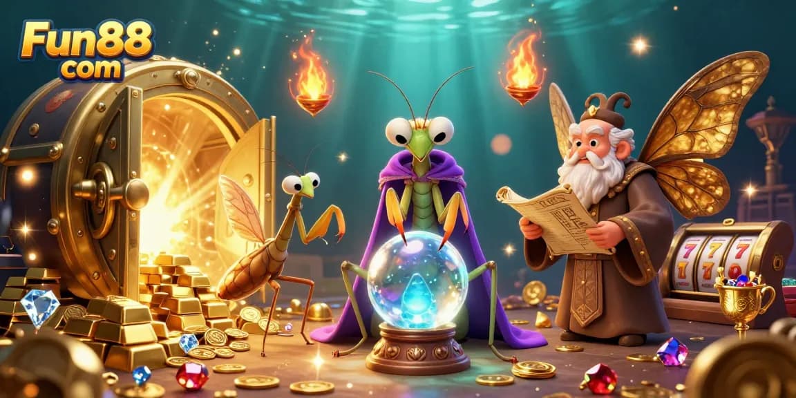 Experience the magic at Fun88 com with our vibrant casino mural featuring playful characters, slot elements, and treasures.