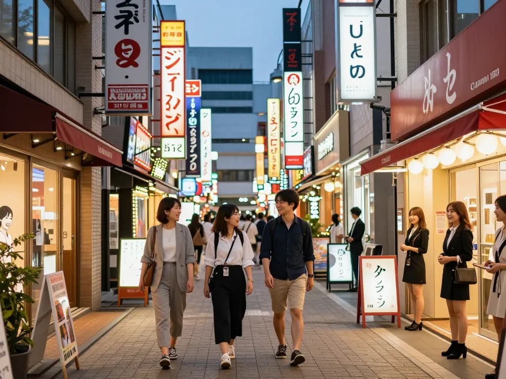 ネオンの看板が輝く活気ある中洲ソープランドの街並み、夜の魅力と魅力的な雰囲気を示す中洲 ソープ おすすめ。
