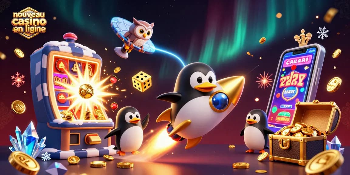 Le nouveau casino en ligne met en scène un pingouin doré propulsé par fusée dans un univers rempli de jeux.