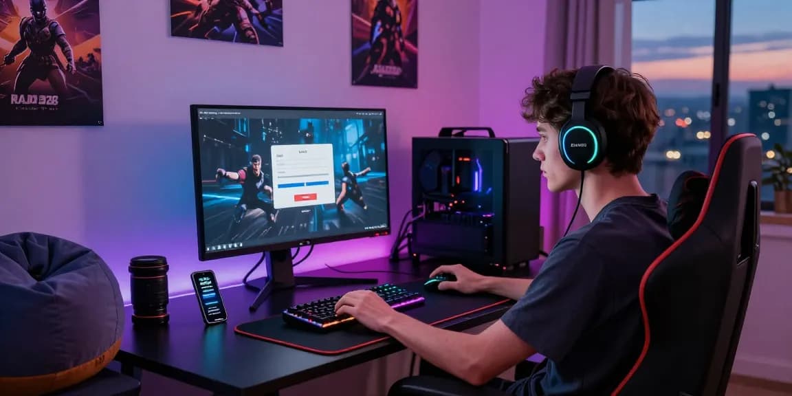 Engaged gamer logging in to Raja328 gaming platform with vibrant accessories.