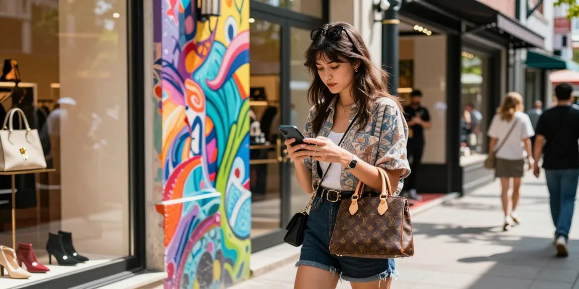 Stylish woman exploring high-quality 레플리카 fashion items in vibrant urban setting.