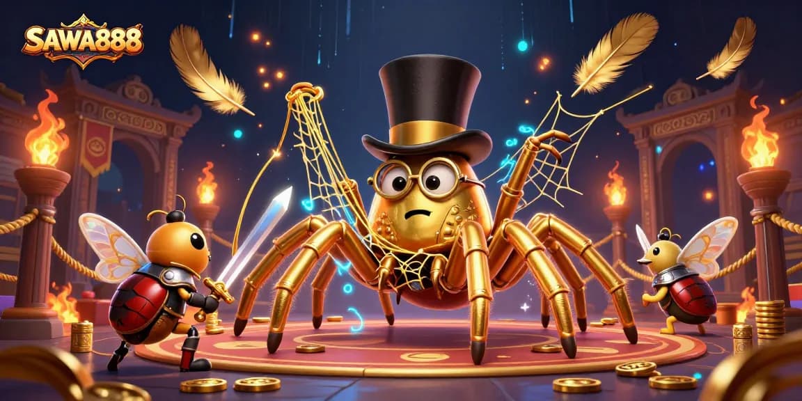 SAWA888 features a golden tarantula and a beetle knight in a vibrant casino illustration.