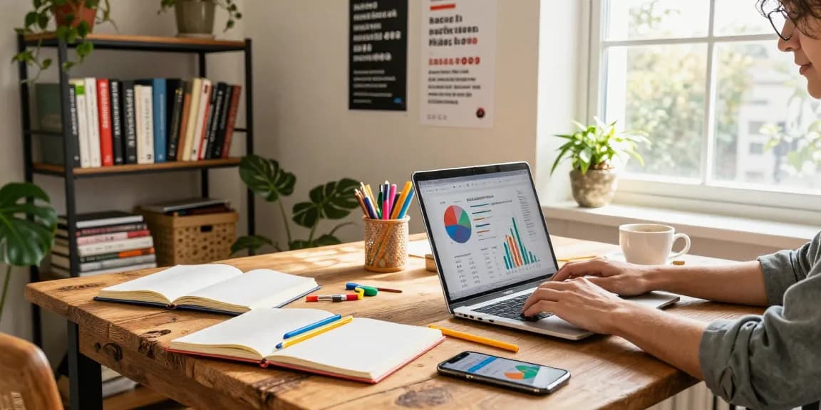 Content creator focuses on quality and authority blogs in vibrant workspace.