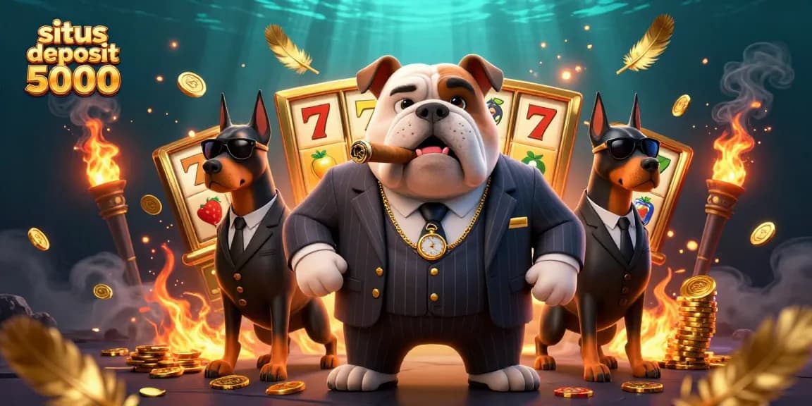 Experience thrilling wins at situs deposit 5000 with an action-packed casino scene featuring a mafia bulldog and his bodyguards.