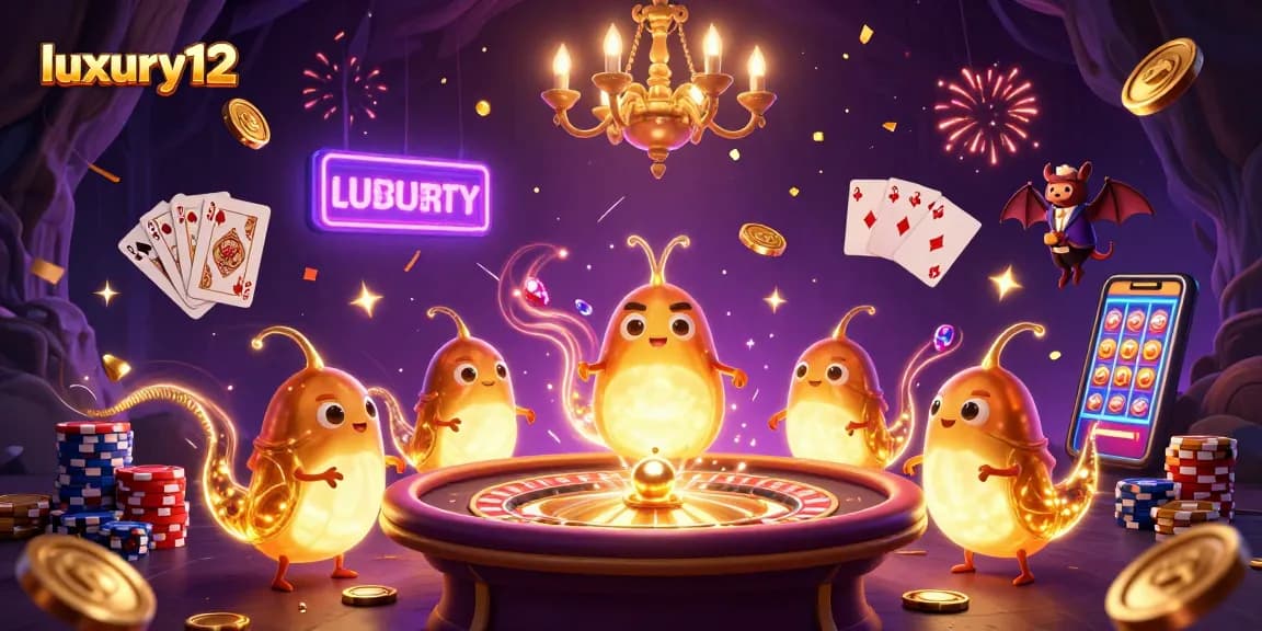 Engage with luxury12 in a vibrant 3D casino scene filled with animated glowworms and dazzling game elements.