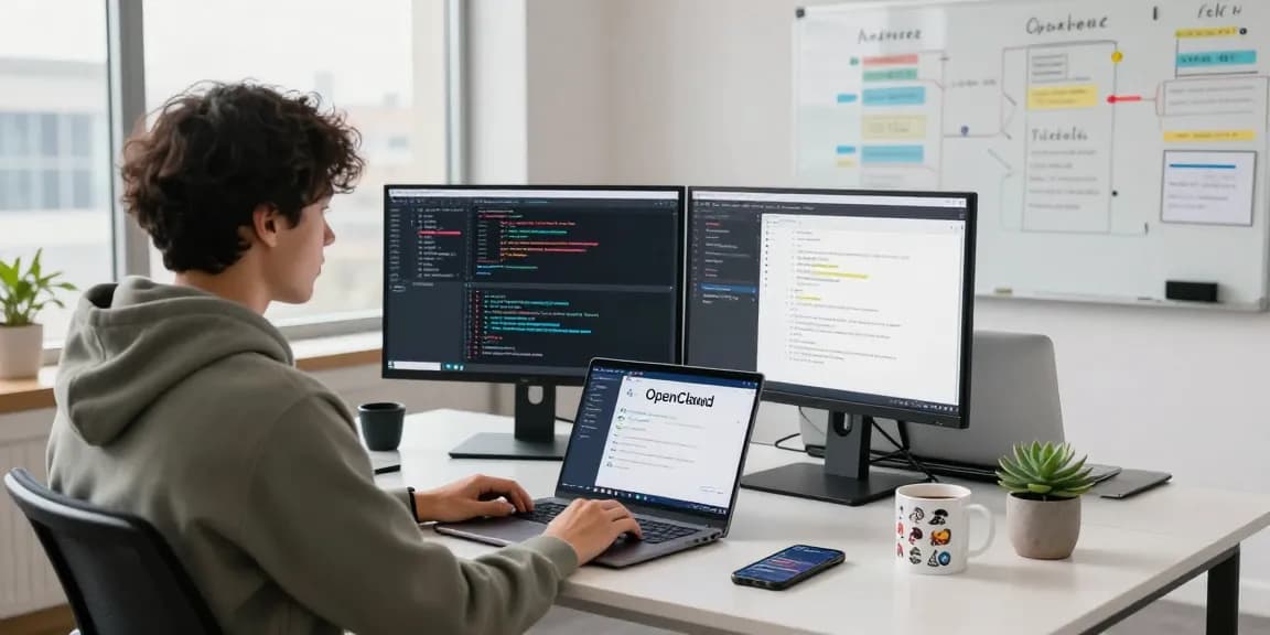 openclawd software development workspace with coding monitors and tech decor