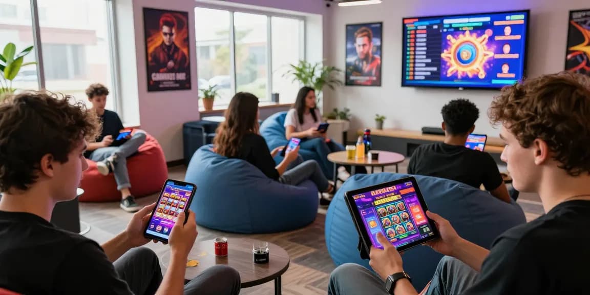 Exciting online gaming environment showcasing players interacting with slot deposit 1000 games on devices in a vibrant lounge.