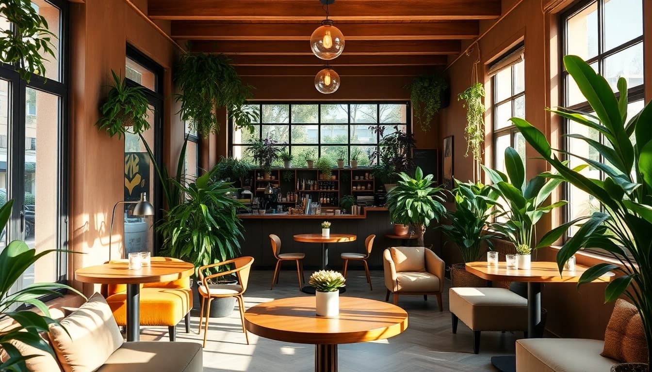 Enjoy the vibrant atmosphere of the Coffee Shop Lloret de Mar with cozy seating and plants.