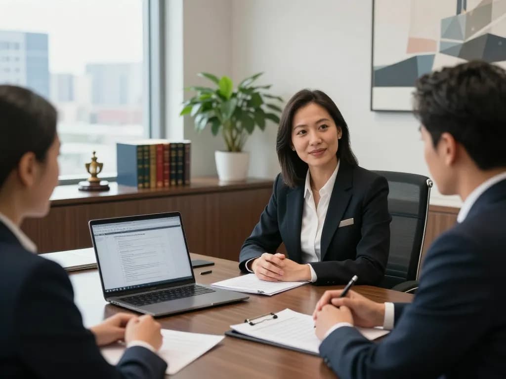 USA lawyers consulting with clients in a modern legal office setting.