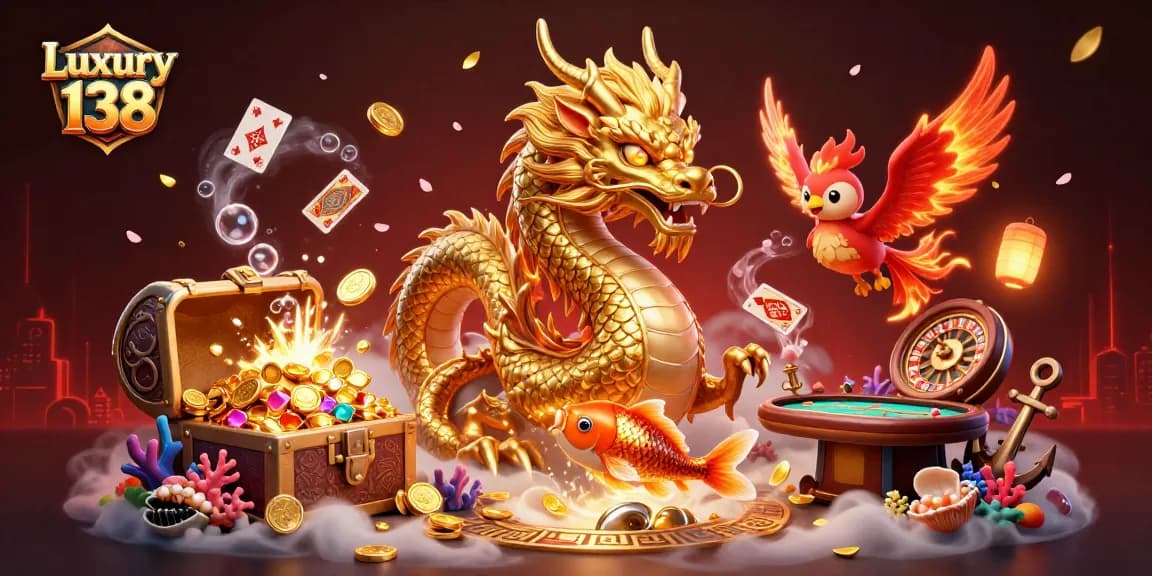 Experience Luxury 138's thrill with a vibrant 3D casino scene featuring a dragon, phoenix, and koi.