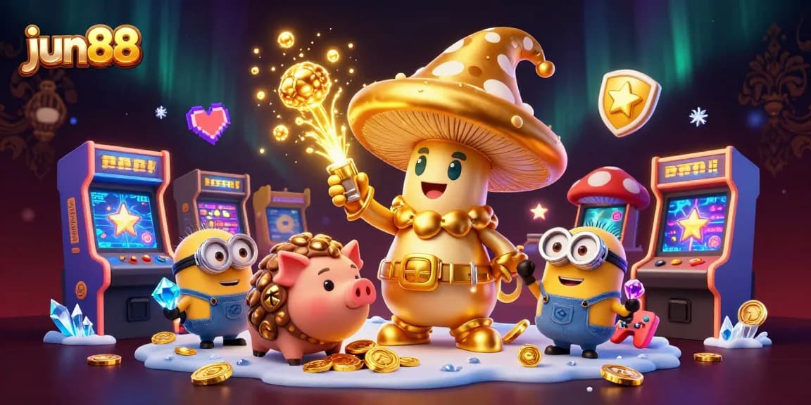 Experience exciting gameplay at jun88 with a golden wizard, truffle pig, and gemstone minions in a magical casino setting.
