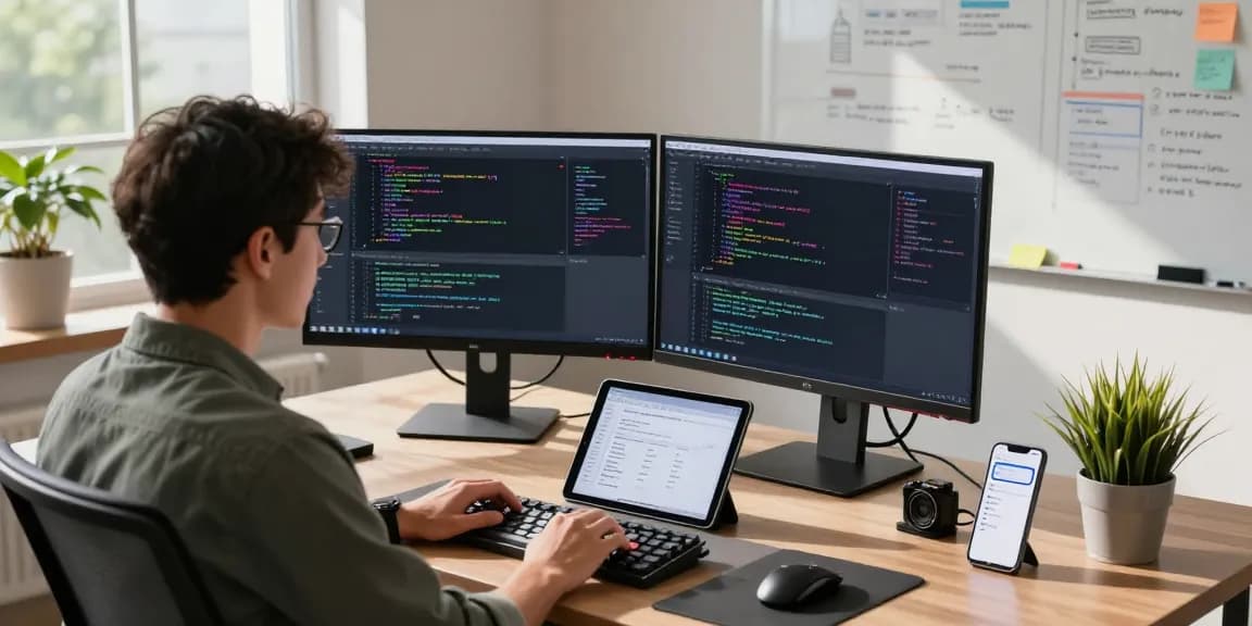 Intuitive coding workspace with developer reviewing code on dual monitors at telegramin-cn.com.