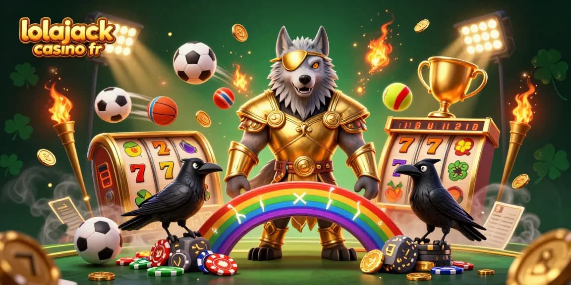 Jouer sur lolajack casino fr avec une illustration dynamique des machines à sous et des symboles de chance.