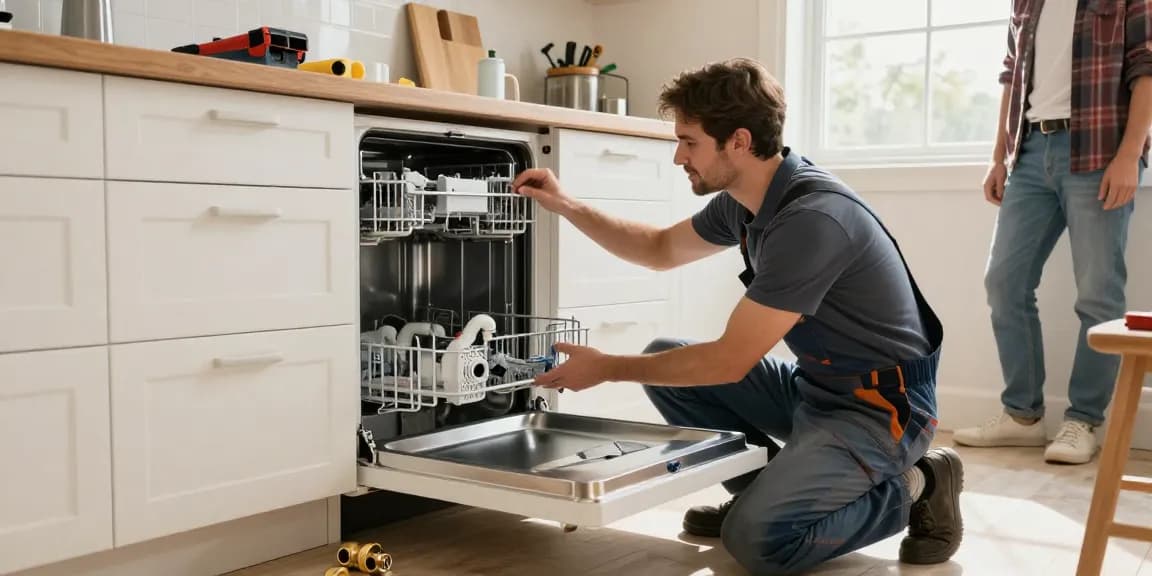 Dishwasher installation in a home kitchen, technician aligning the unit with cabinets.