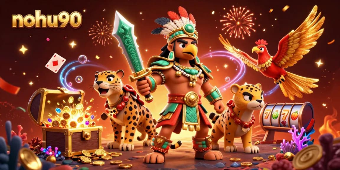 Engage with nohu90 at the vibrant casino scene featuring Aztec warriors and dynamic game elements.