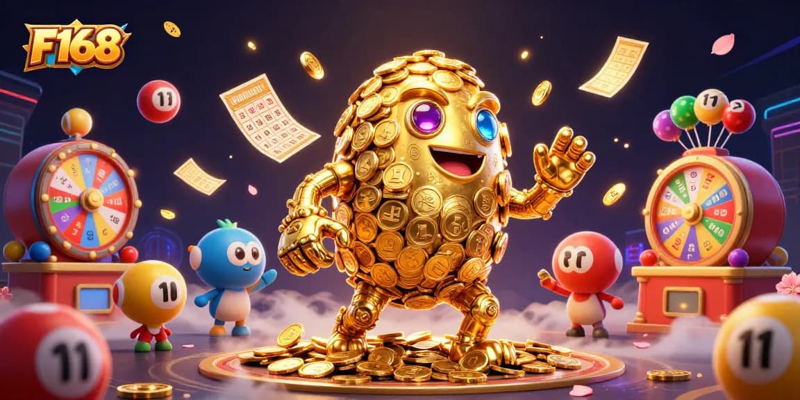 Experience F168's thrilling gaming scene with a golden golem and colorful lottery elements.