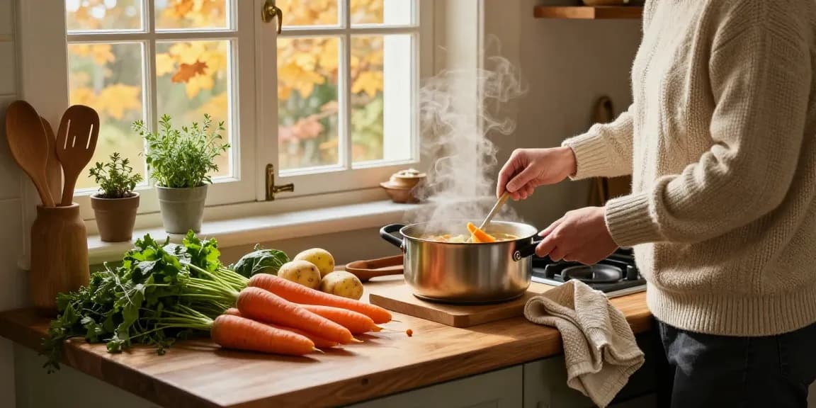 Leckere Suppenvorbereitung in einer gemütlichen Küche, die Suppe kaufen mit frischen Zutaten und warmem Ambiente fördert.
