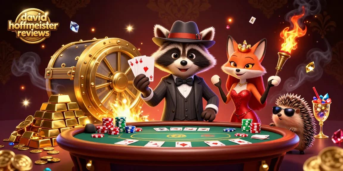 Engage with david hoffmeister reviews as suave raccoon and fox lady showcase a poker table's allure.