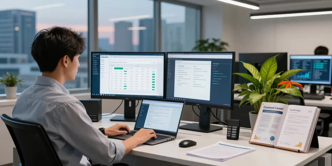 Cyber essentials checklist displayed on multiple screens in a modern cybersecurity office to highlight essential compliance practices.