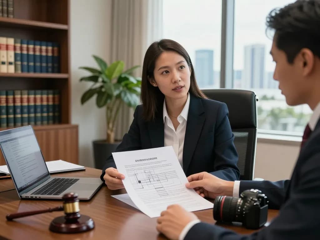 Boca Raton Construction Litigation Lawyer consulting with a contractor in an elegant office, focusing on construction contracts.